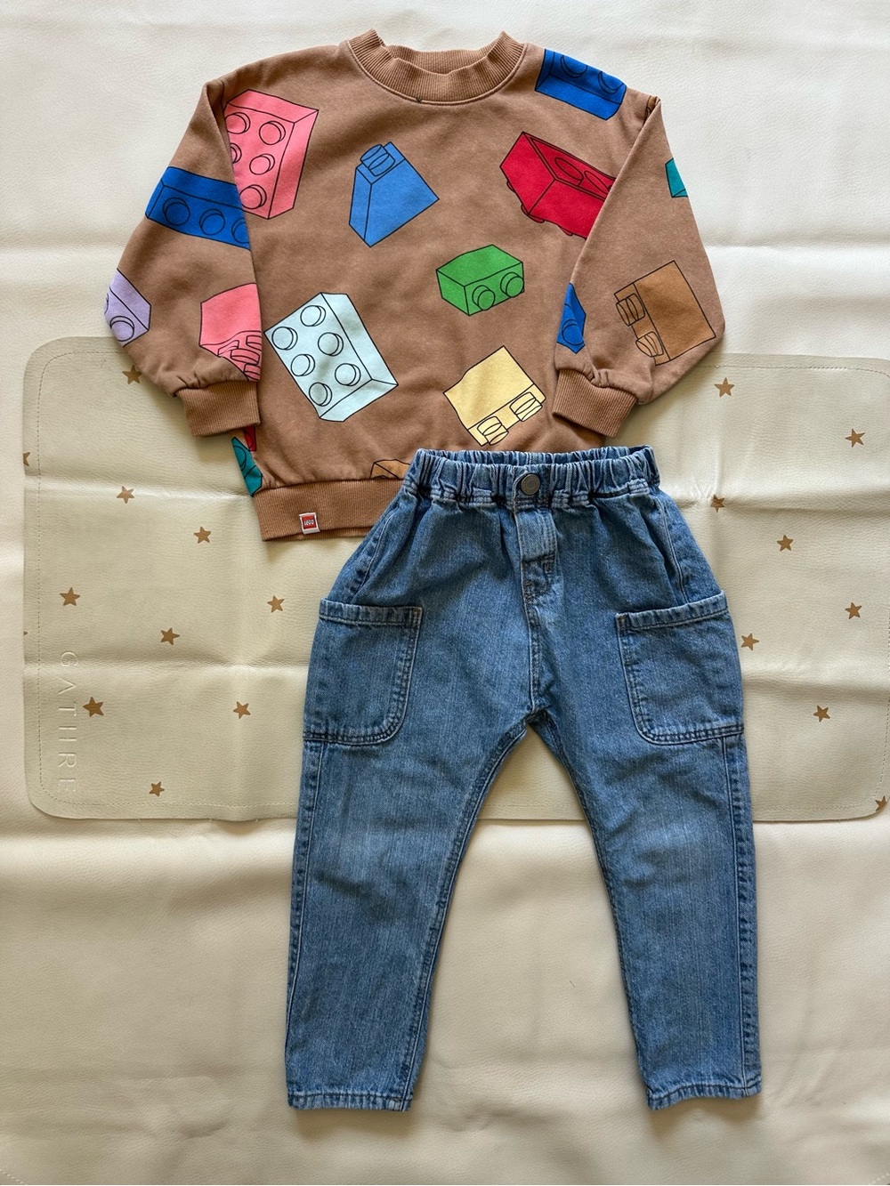 3/4 H&M Tan Lego Print Sweatshirt and Denim Jogger Set